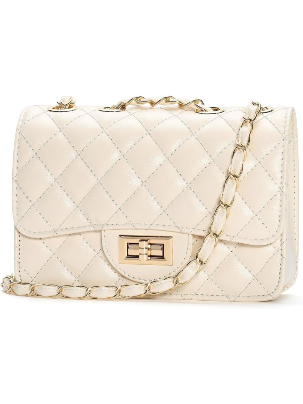 Women's Beige PU Leather Satchel Small Quilted Purse Chain Crossbody Bags